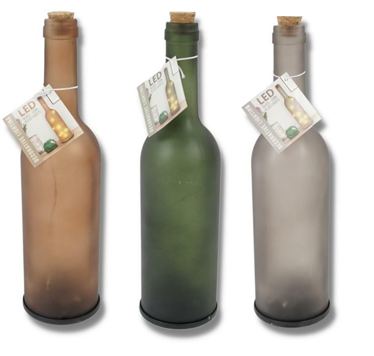 Glazen fles met kurk en LED verlichting op batterij Ø7xH28cm 3/assorti
