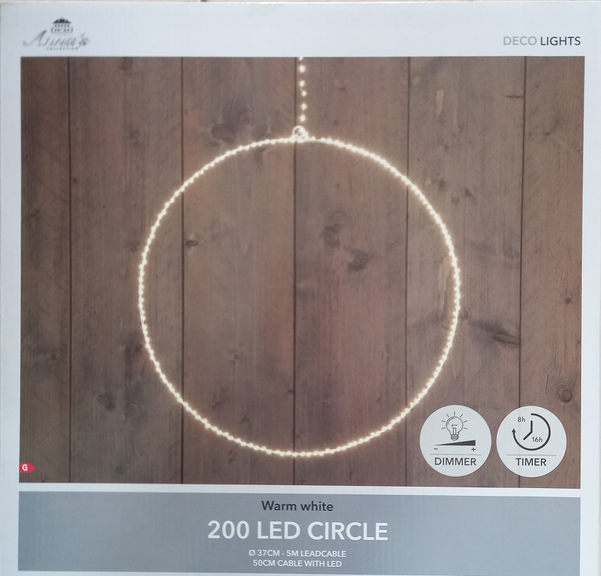Cirkel wit 37cm/200led warm wit 5m aanloopsnoer timer/dimmer/trafo